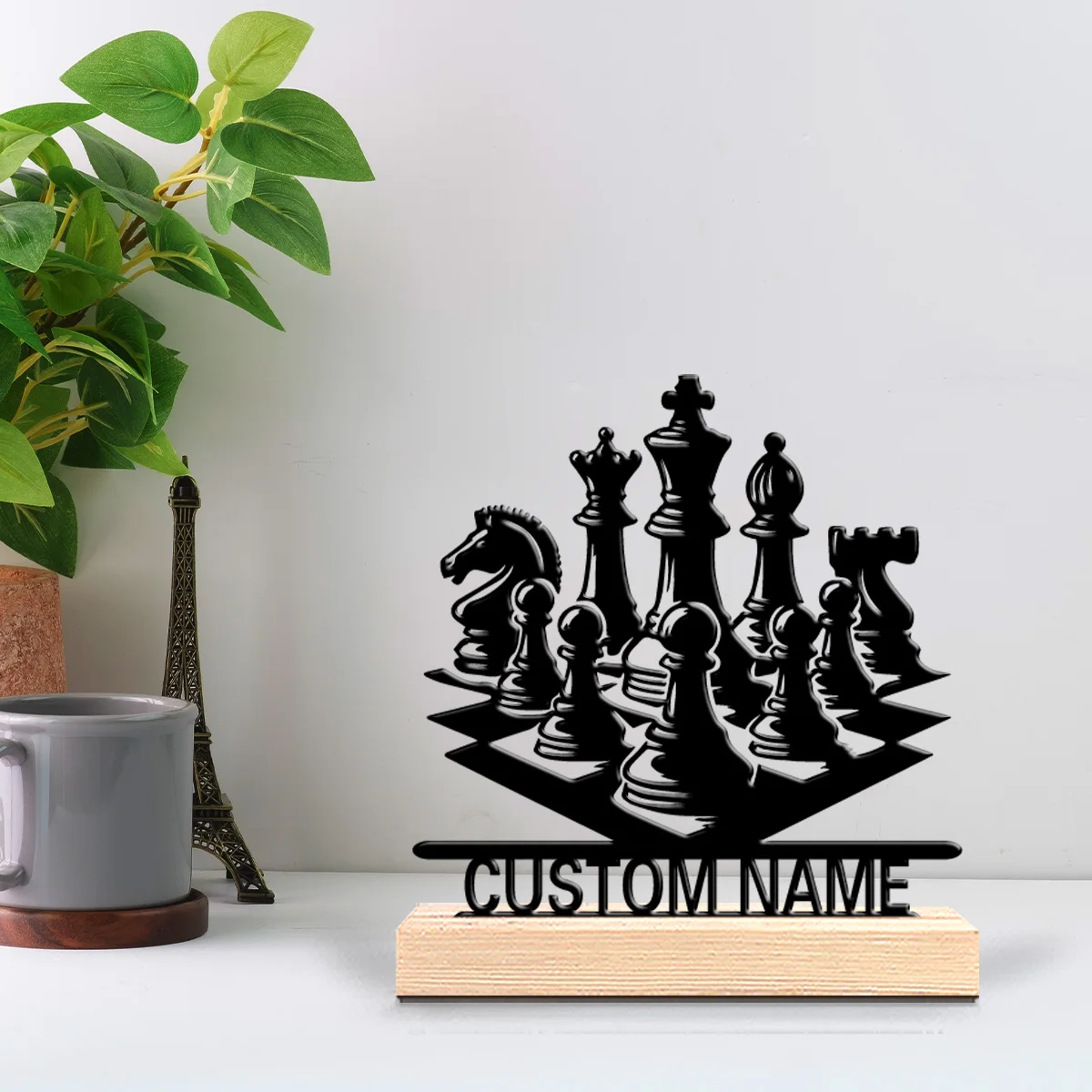 1pc Chess Custom Name Metal Statue Metal Ornament Art Crafts With Wood Base Iron Sculpture Bedroom Table