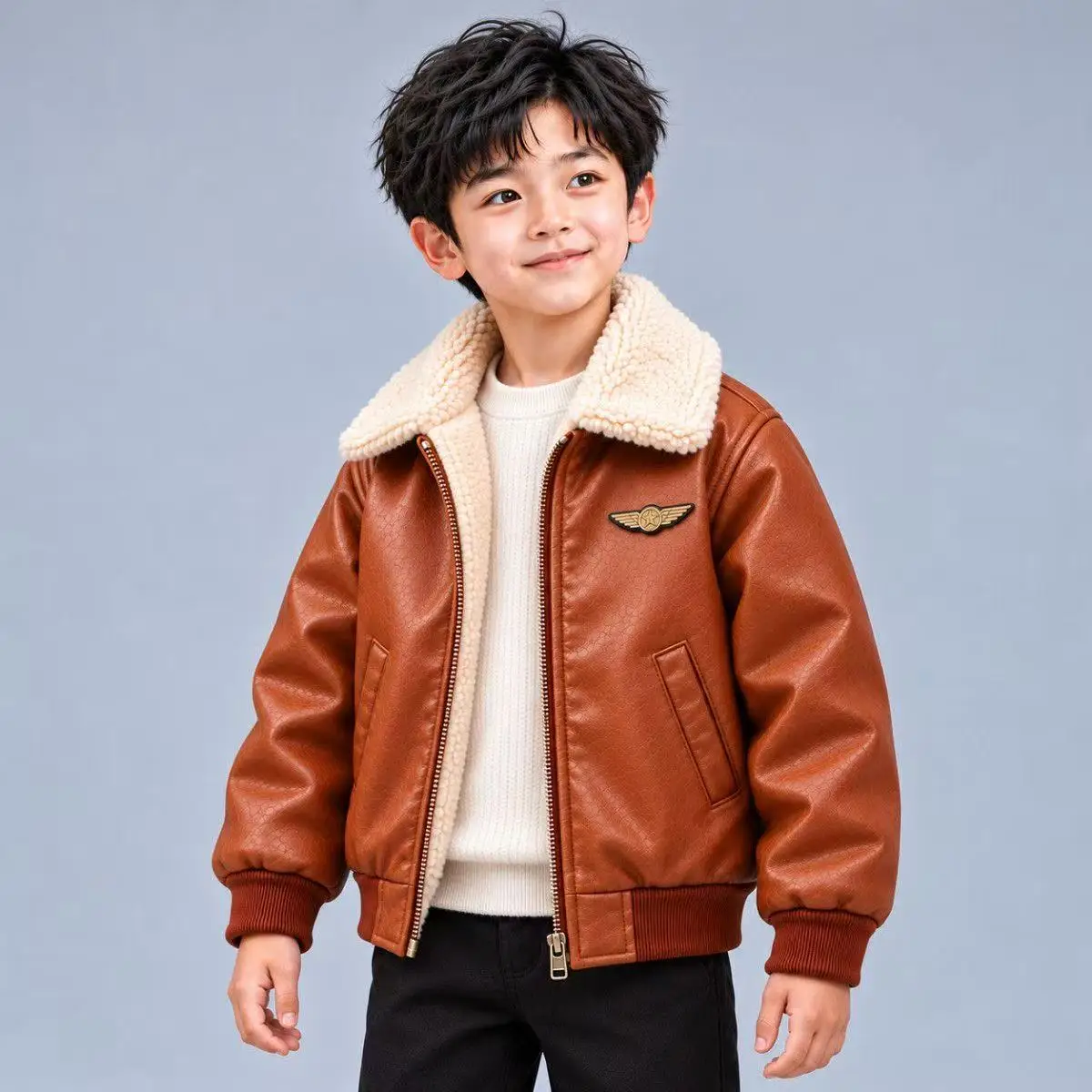 Boys Fashion Fur Collar PU Bomber Jacket, Warm Winter Leather Coat for Big Kids 6-12Y 2