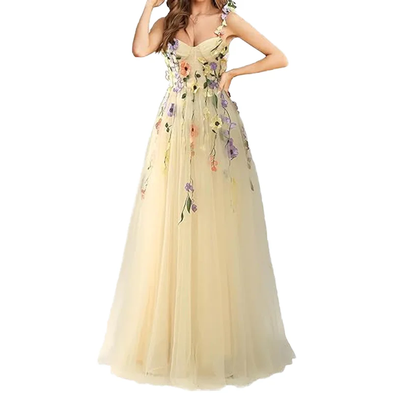 3D Flowers Applique Prom Dress Light Champagne Embroidery Tulle Straps Square Neck Floor Length Party Dress A-line Customized