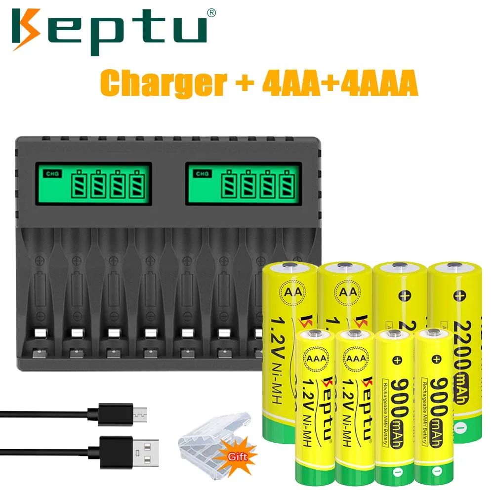 

KEPTU 4pcs AA 1.2V nimh battery 2200mAh + 4pcs AAA rechargeable battery 900mAh and 8 Slots AA AAA battery charger