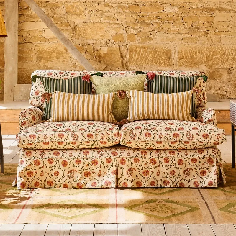 Country Style Fabric Sofa Floral Pattern Double Seater Straight Row Couch for Living Room Bedroom Oil Painting Aesthetic