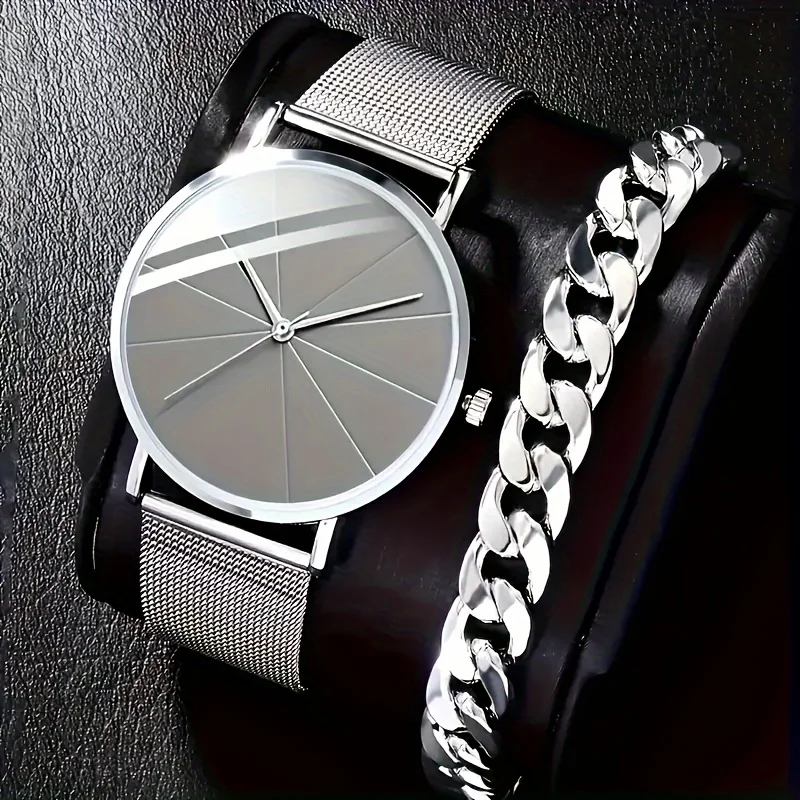 Orologio al quarzo da uomo d'affari e tempo libero da 2 pezzi/set, orologio e bracciale in maglia di acciaio inossidabile, regalo per la festa del papà
