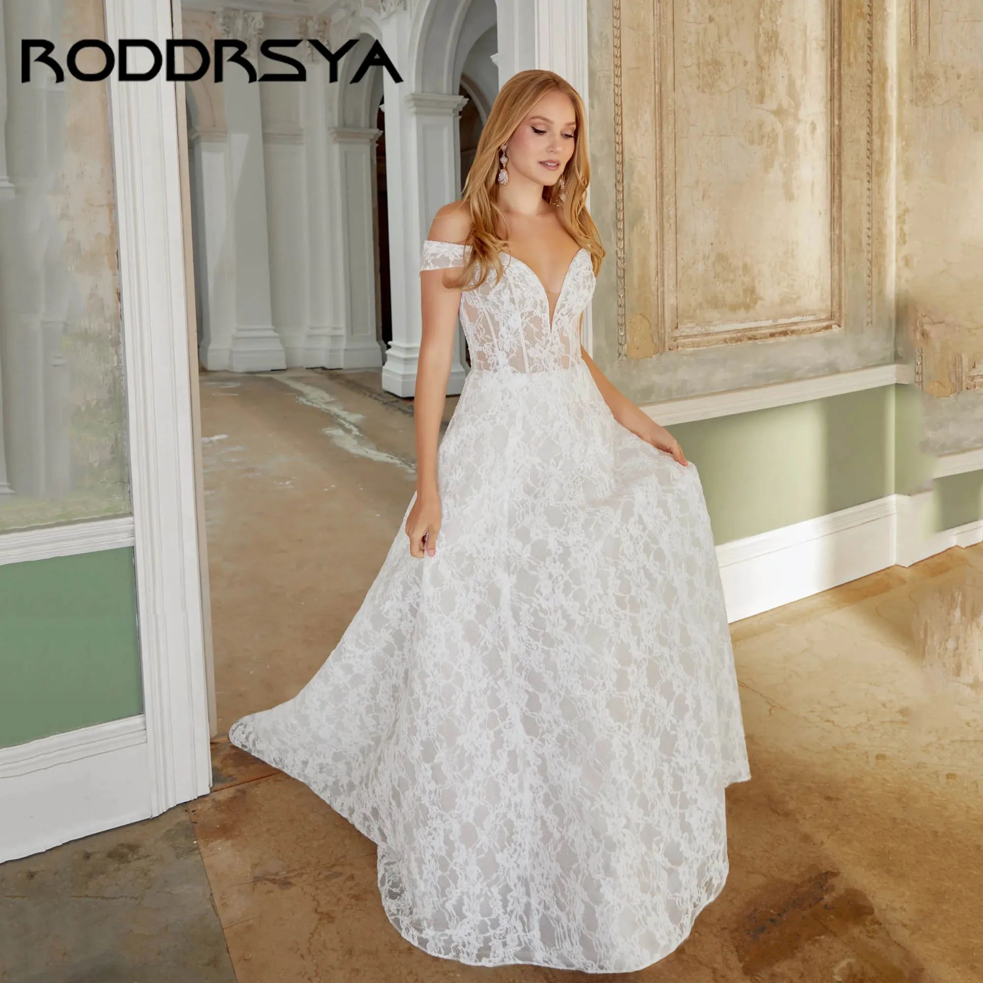

RODDRSY Full Lace A-line Bridal Dress Off Shoulder V-neck Luxury Wedding Gown Contemporary Backless vestidos de novia Customized