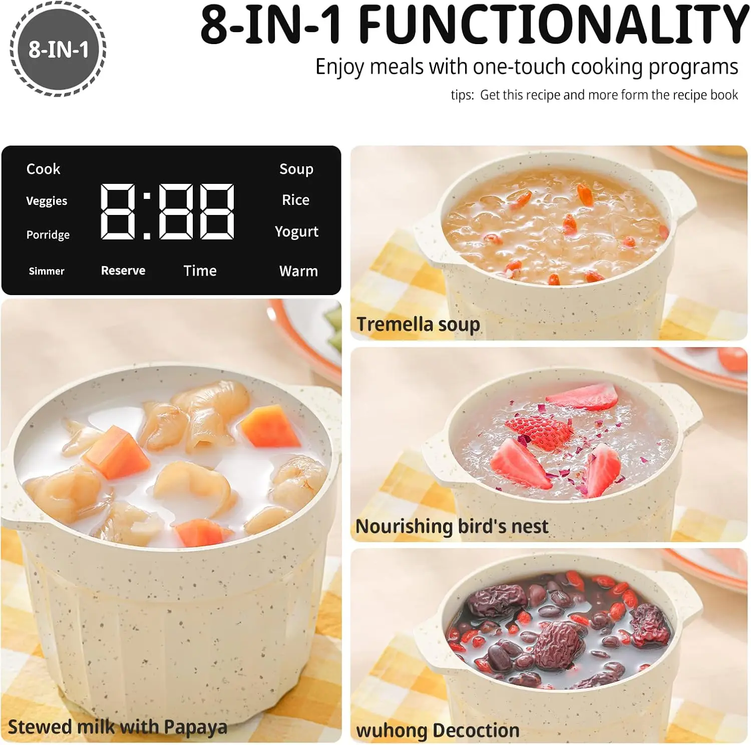 흰색 소형 슬로우 쿠커, 스마트 약속, 세라믹 인테리어 냄비, 자동 다기능 밥솥, 전기 스튜, 요구르트, 1QT