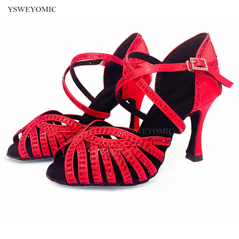 Red Rhinestones Red Satin Customized Indoor Outdoor Latin Dancing Shoes 2023 New Style Latin Ballroom Salsa Party Shoes For Girl