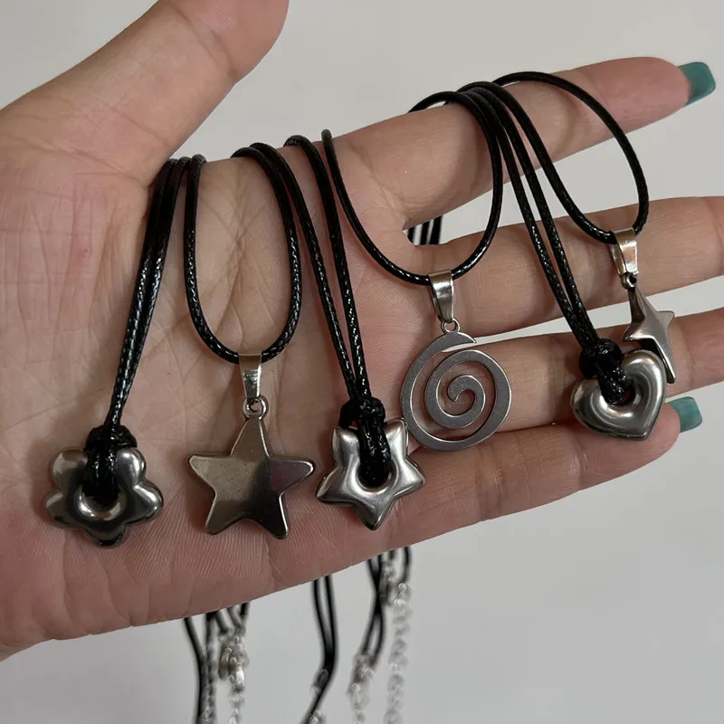 Neue Koreanische Mode Hohl Titan Stahl Stern Pentagramm Anhänger Halskette für Frauen Männer Schwarz Seil Kette Choker Y2k Party Schmuck – Detail 8
