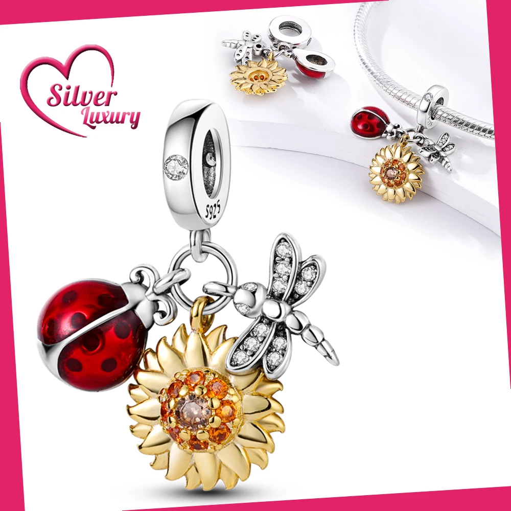 

Charms Silver 925 Ladybug Sunflower Dragonfly Pendants Fit Charms Plata 925 Original Bracelet Beads Women Jewellery Making DIY