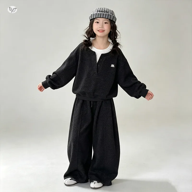 Girls Suit2026New autumn collection for older children: two-piece set with contrasting color sweatshirt and wide-leg pants in Ko
