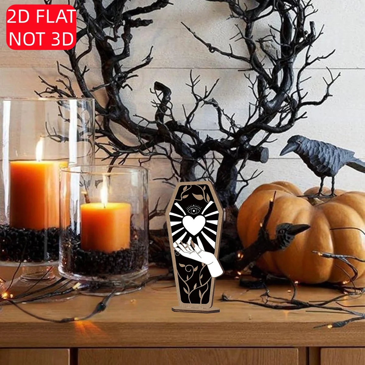 Halloween 2D Flat Wooden Coffin Sign – Gothic Mystic Design with Heart, All-Seeing Eye, and Hand. Perfect for Spooky Home