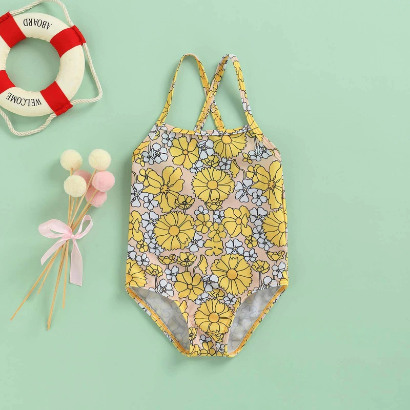 Yiiciovy – maillot de bain pour petites filles, décontracté, jaune, imprimé Floral, col carré, sans manches, vêtements de plage, doux, d'été