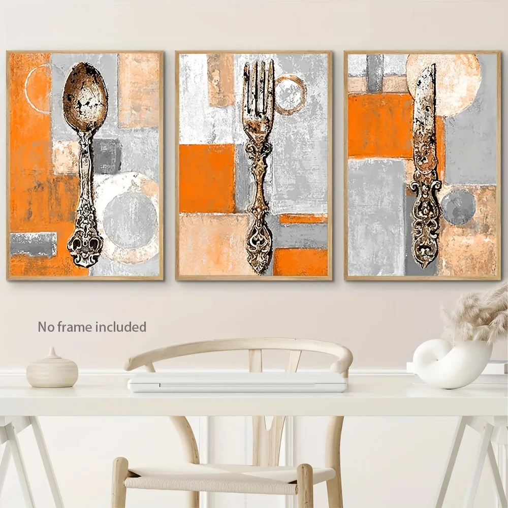 （NoFranme 3PCS）-3pcs Vintage Kitchen Utensil Canvas Art Set - Rustic Orange & Gray, Fork, Knife & Spoon Designs with Geometri