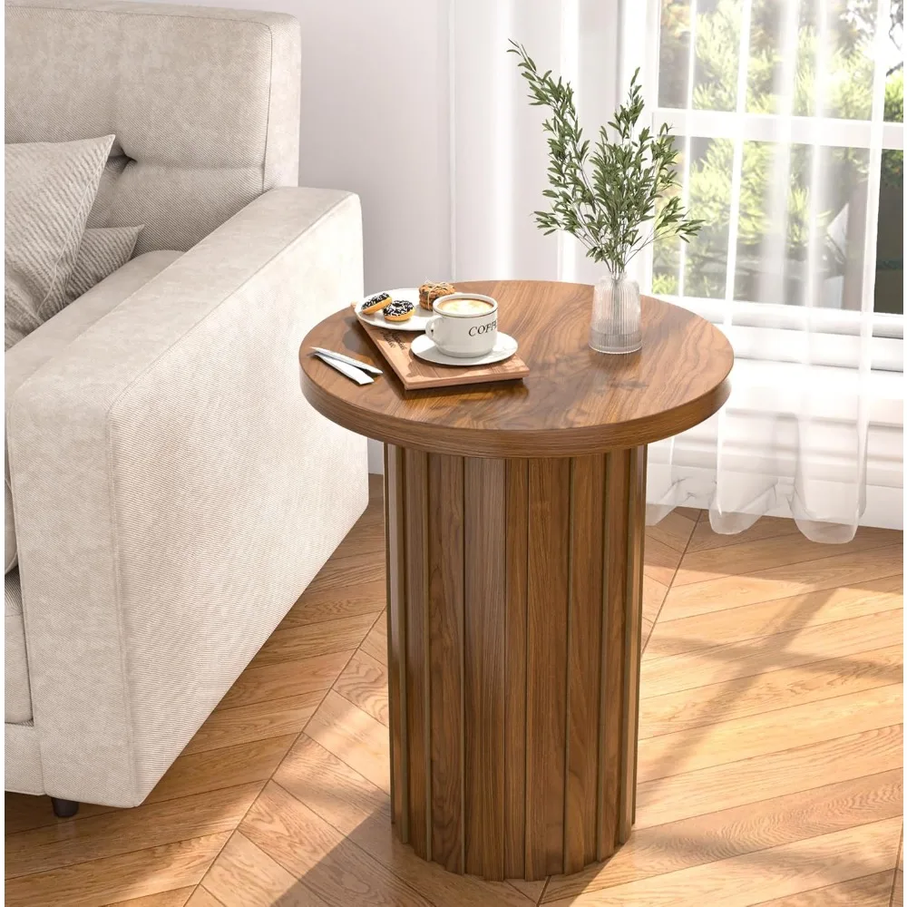 Farmhouse Pedestal End Table Round Side Table with Fluted Panel Rustic Drink Table for Small Space Living Room