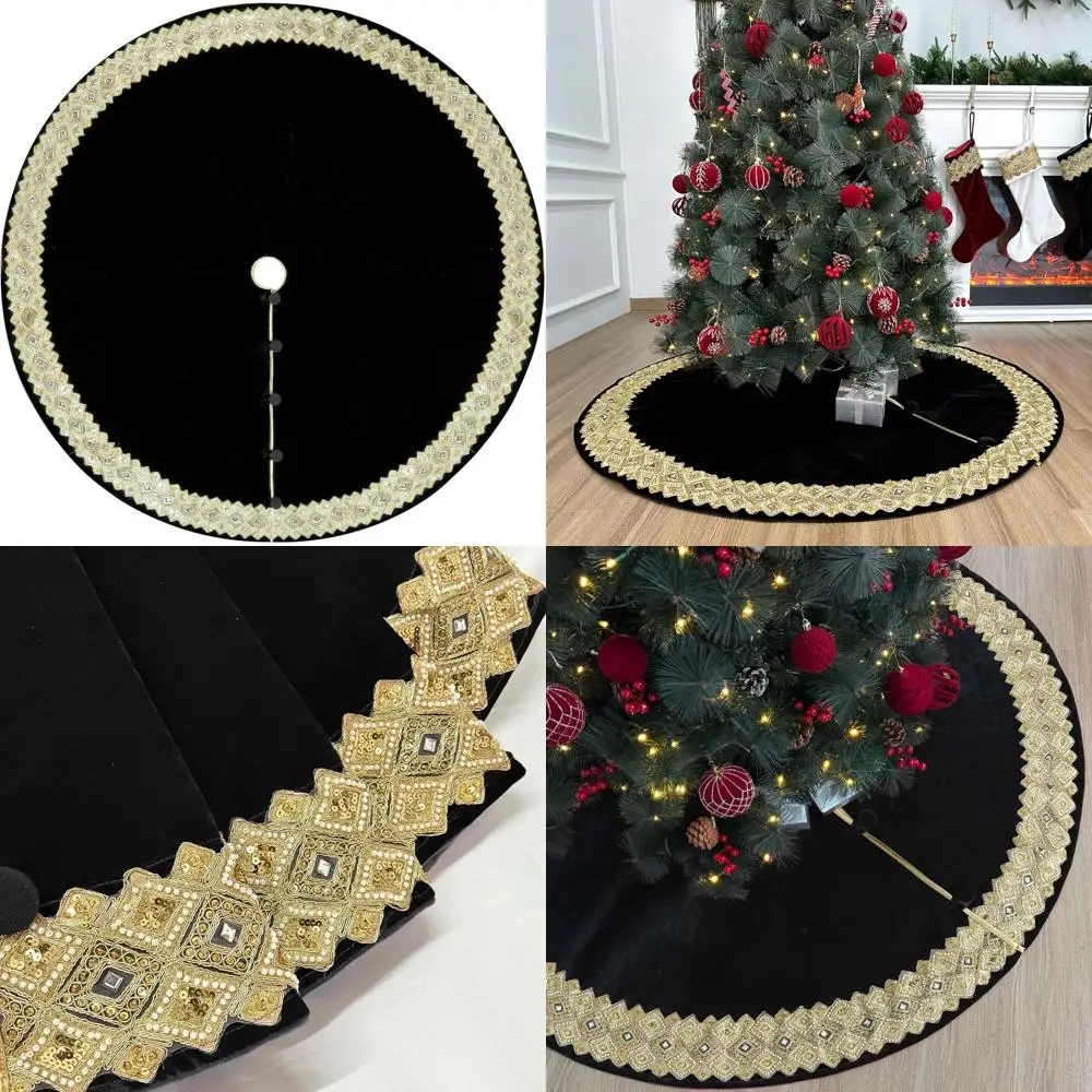 

Black 60 Velvet Christmas Tree Skirt with Gold Trim, Foam-Padded, Button Fastening