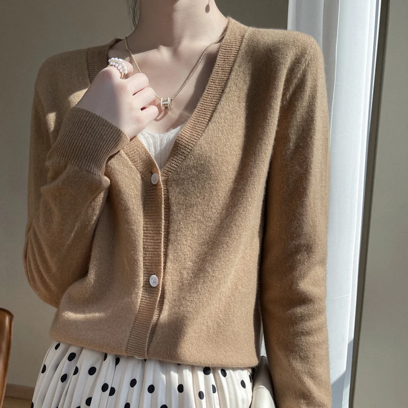 2023 Spring Autumn New Women 100% Cashmere Cardigans Basic Sweater Female Solid Color Soft Knitted Jacket V-Neck Shirt Top