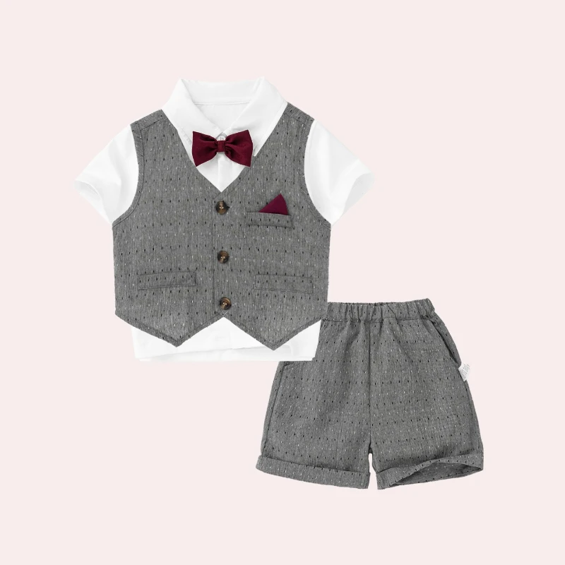 2026 Four Seasons Hot Selling New Solid Color Tie Shirt and College Style Vest and Shorts 3-Piece Set