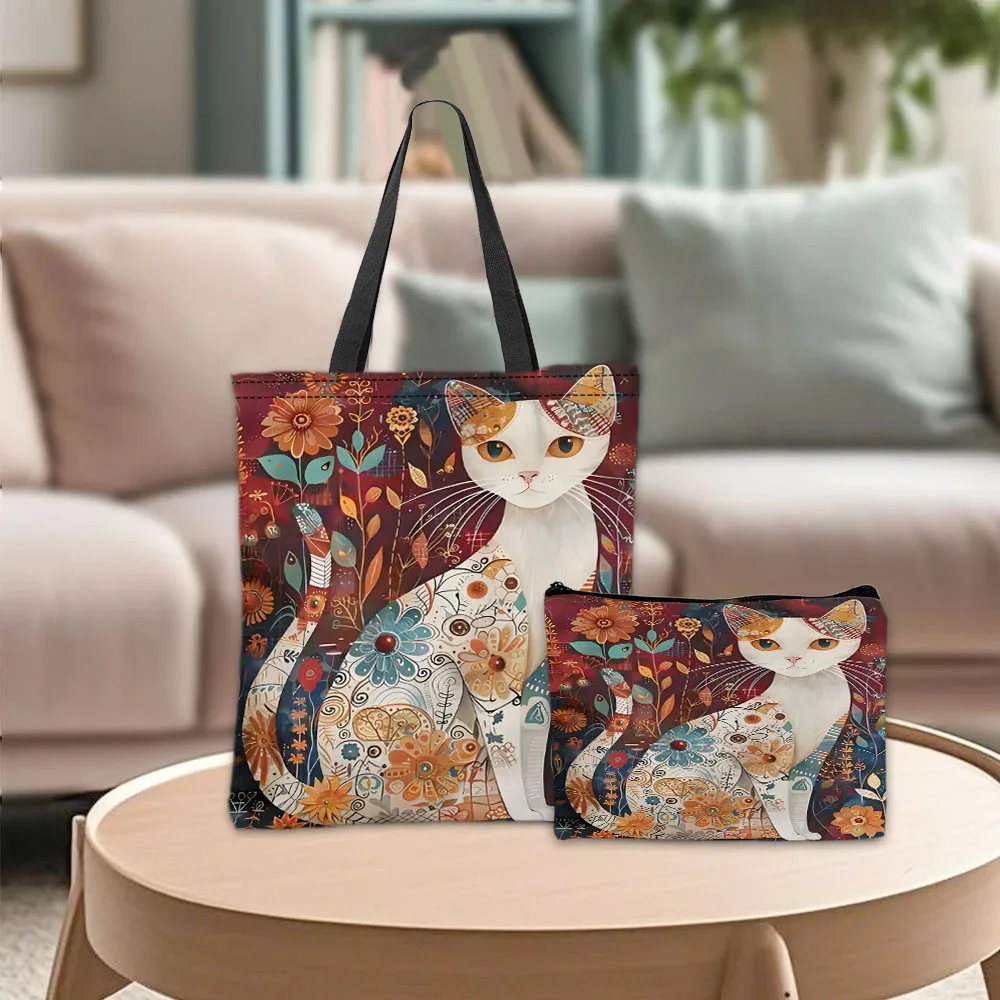 Fashion Element Art Cat Shoulder Bag Makeup Bags Vintage Floral Pattern‌ Handbag Casual Portable Shopping Bag Daily Use