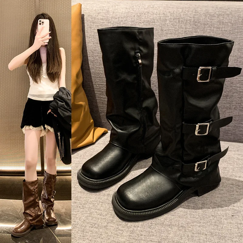 Único retro salto grosso meados de bezerro botas de cowboy ocidental botas de equitação botas de couro precoce estilo francês botas femininas