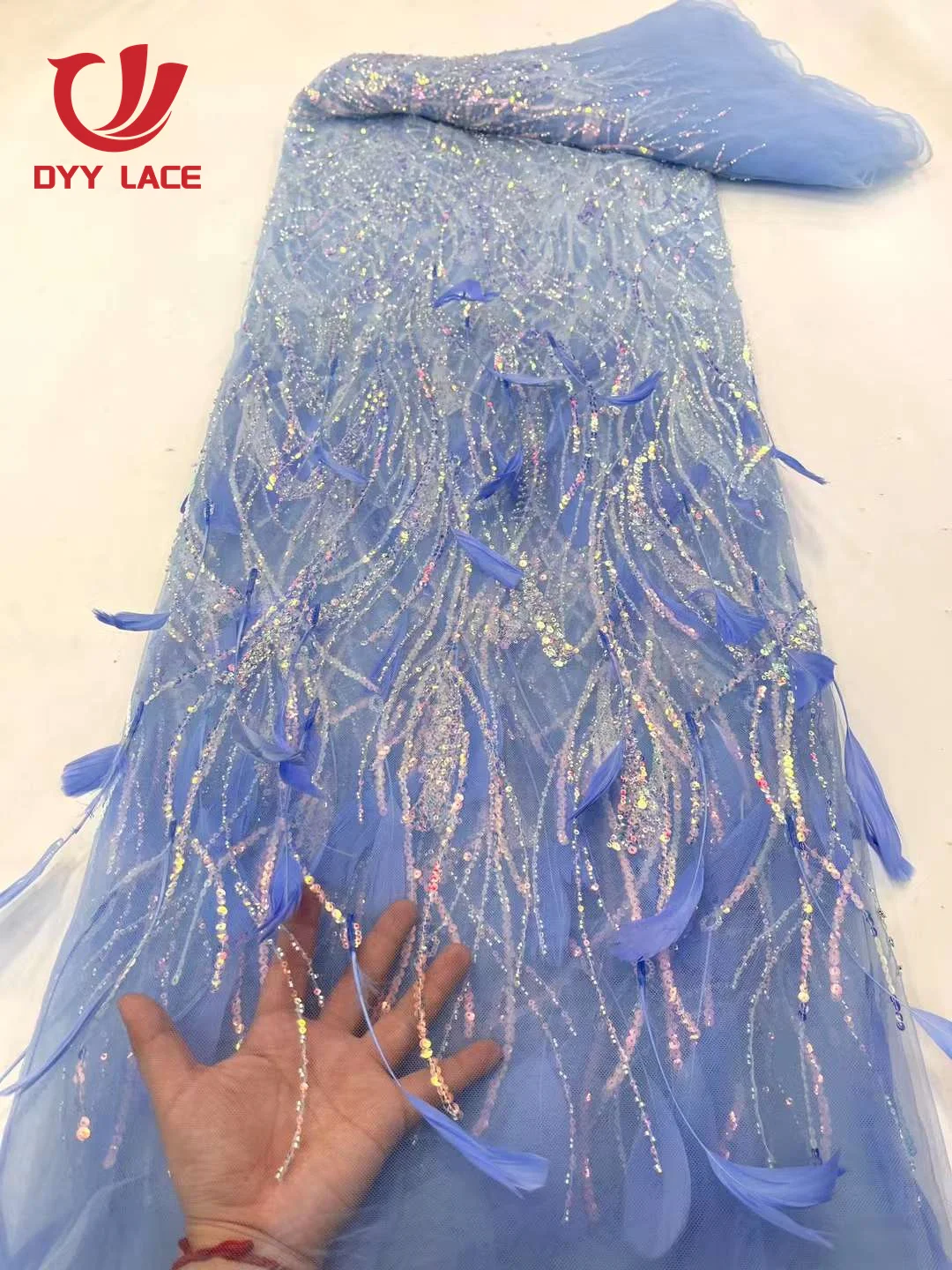 Latest African Nigerian Sequins Lace 2023 Fashion 3D Feather Embroidery French Tulle Lace Fabric For Bride Wedding Party Dress