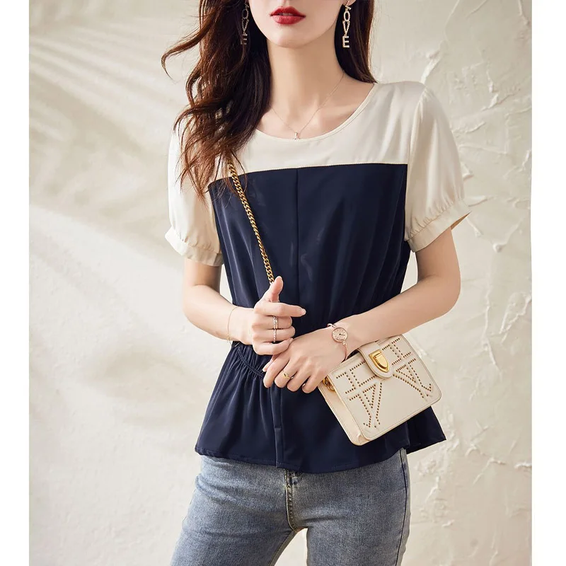 High-end Fashion Color Matching Blouse Summer Classic Short Sleeve O-collar Korean Loose Office All-match Pullover Chiffon Shirt