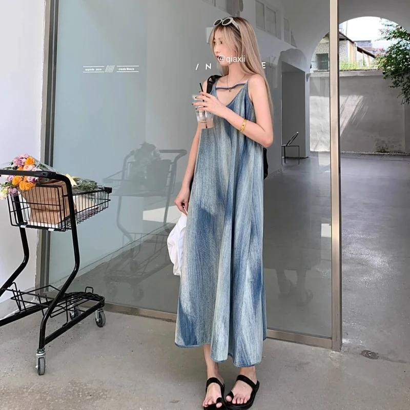 Damen Blaues Farbverlauf Langes Kleid mit V-Ausschnitt, Locker Sitzendes Urlaubskleid für Strand und Spaziergänge