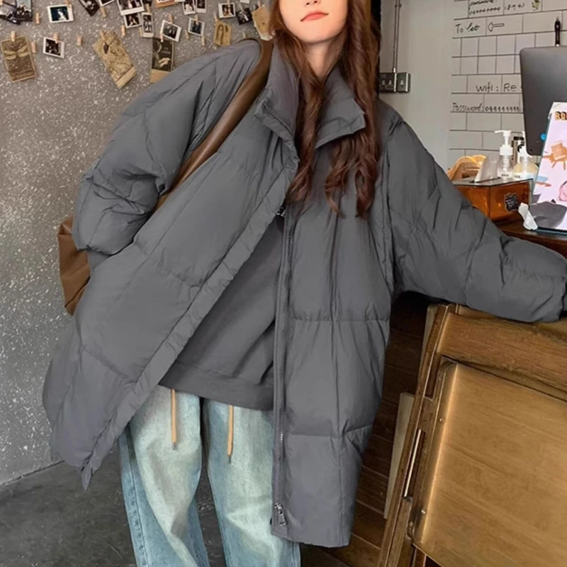 Casual Daily Quilted Oversized Plus Size Puffer Parka Women Slim Fit Non Bulky Thick Warm Stand Collar Mid Length Winter Outfit