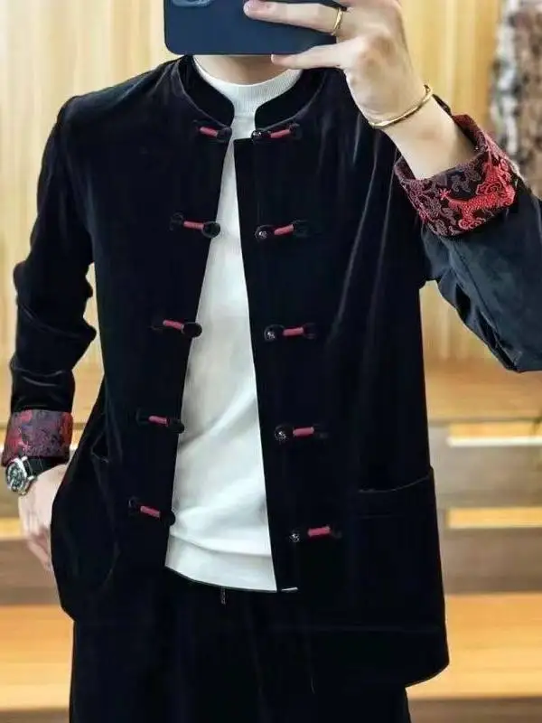 

American Retro Men's Velvet Casual Button up Jaet Faionable Comfortable Slimming Busin Tang Suit Top Ci Walk irt