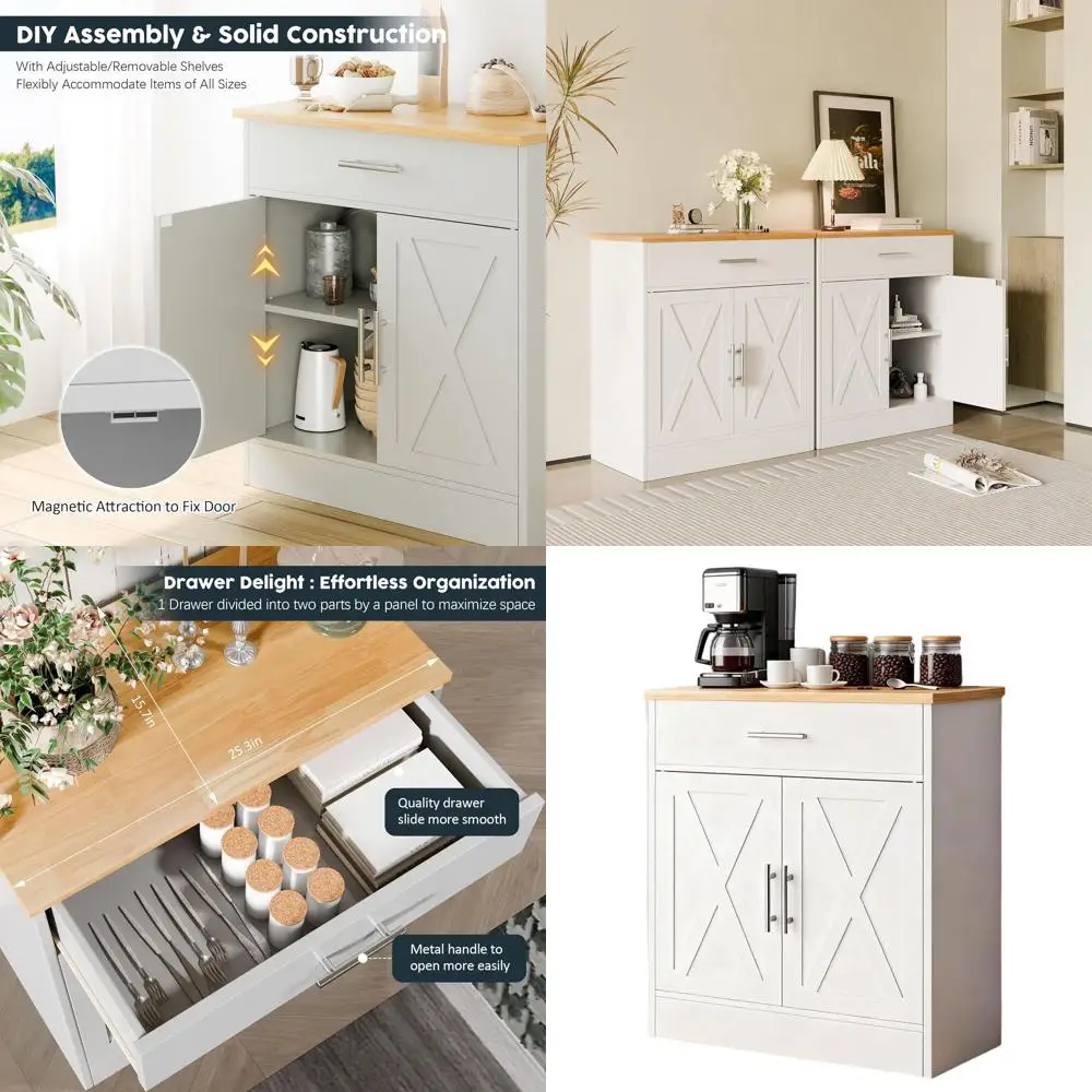 

Деревянный шкаф для хранения с 2 дверцами и 1 ящиком, универсальный кухонный буфет или тумба для гостиной с регулируемыми полками, белый