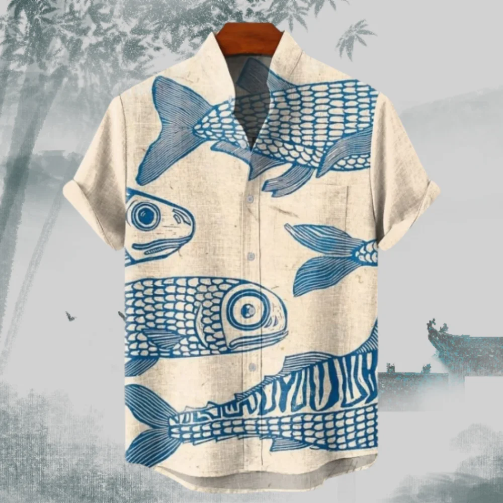 

Men's Linen Shirt Comfortable Fish Pattern Ethnic Style Casual Fashion Clothing