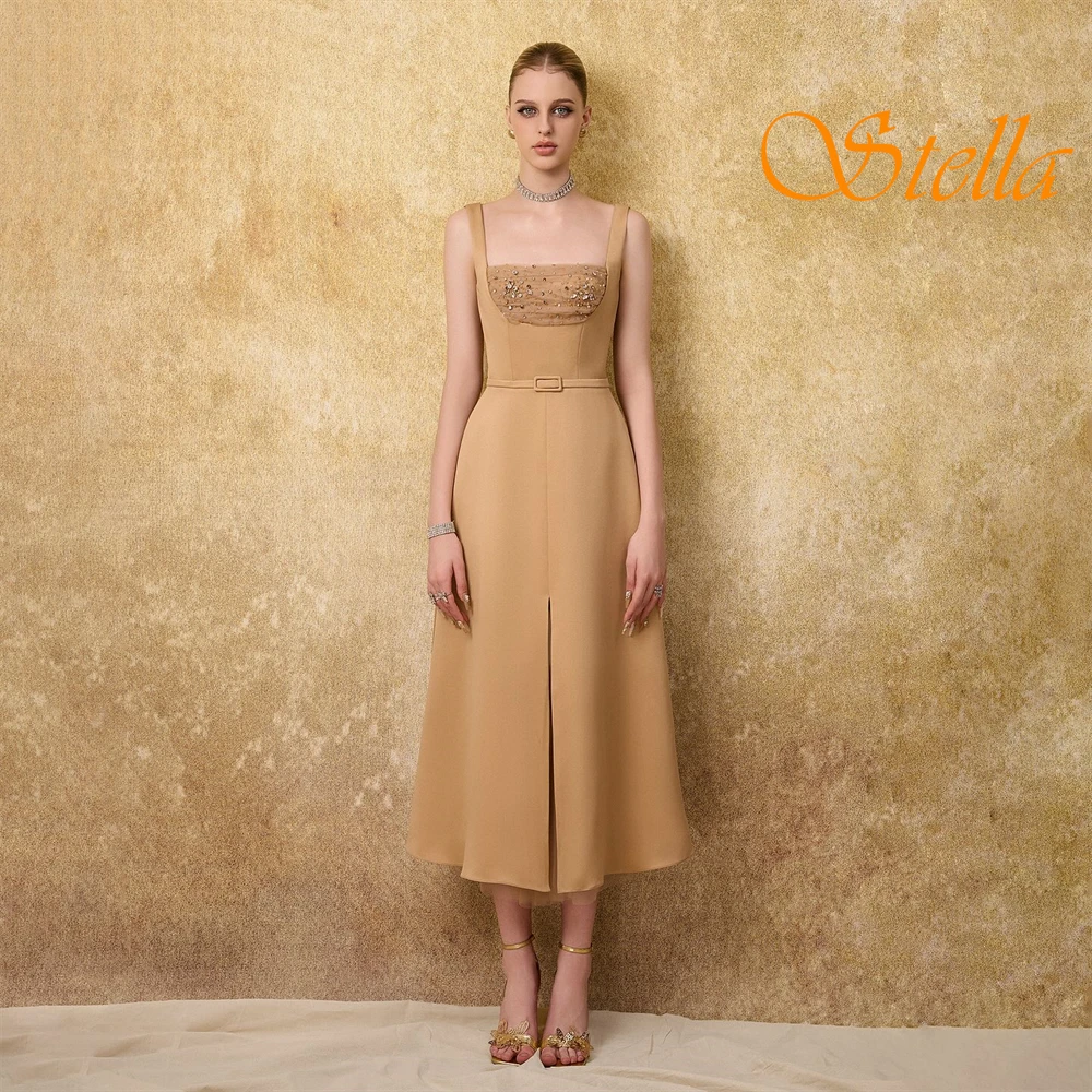 Abito da sera senza maniche classico personalizzato con colletto quadrato Temperamento Abiti da ballo in raso Abiti da ritorno a casa in cristallo delicato