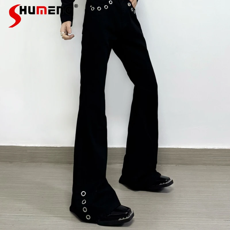 

Модные мужские джинсы с металлическим декором, весна 2026, высококачественные стильные джинсовые брюки с микро-клешем, модные трендовые джинсы на молнии