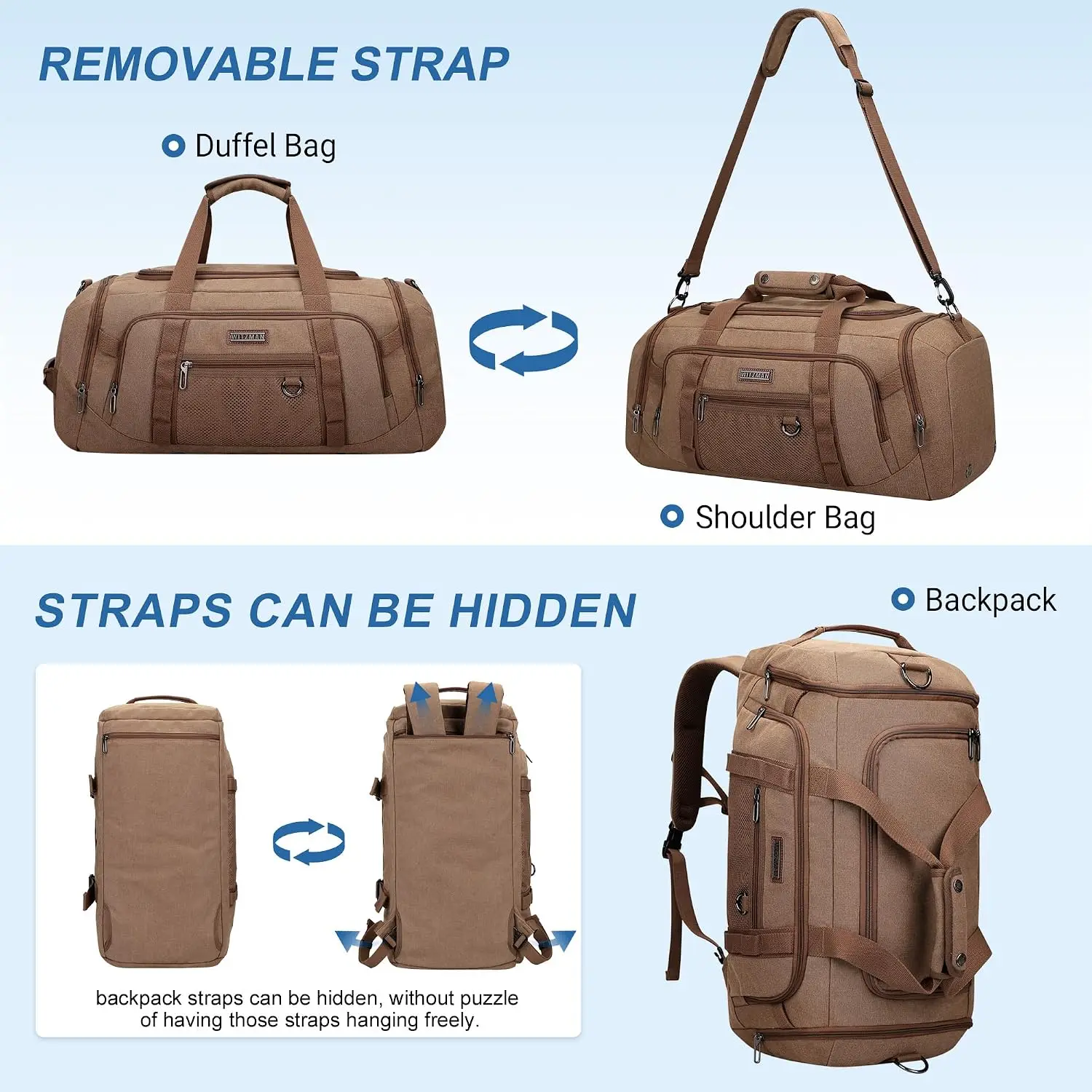 Canvas Duffle Bag for Men 3 in 1 Convertible Backpack 45L Travel | With Shoe Compartment and Dry-wet Pocket, Large Capacity, Carry On, For Gym, Sports, Weekender, Overnight, A8006/3 Brown view 4