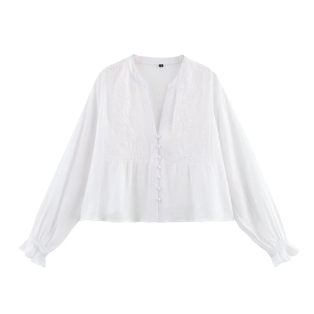 

PB&ZA2025 Women's Graceful Delicate Airy Flowy Artistic White Embroidered Long - sleeve Button - down Blouse