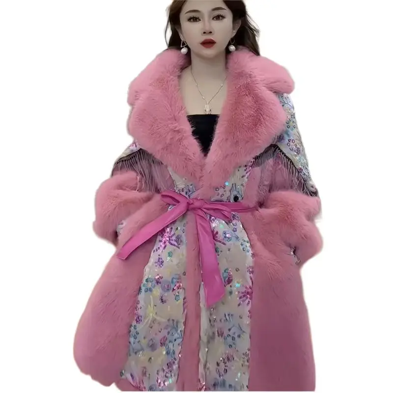 Faux Fur Coat for Women,Adjustable Waist Jacket,Thick Warm Female Clothes,Big Fur Collar,Sequins,Autumn and Winter, 2024