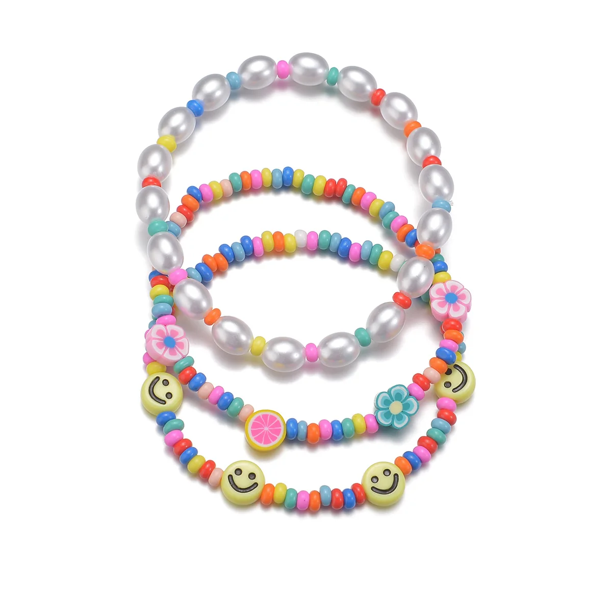 3-piece set of Bohemian style colorful rice beads mixed with smiling face pearls, multiple layered women\'s anklets