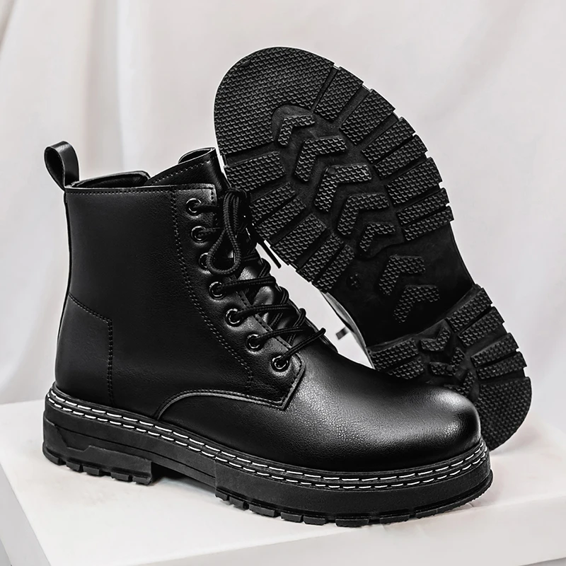 Men's 4-Season Black Patent Leather Motorcycle Boots - Classic British Style Outdoor Riding & Hiking Boots