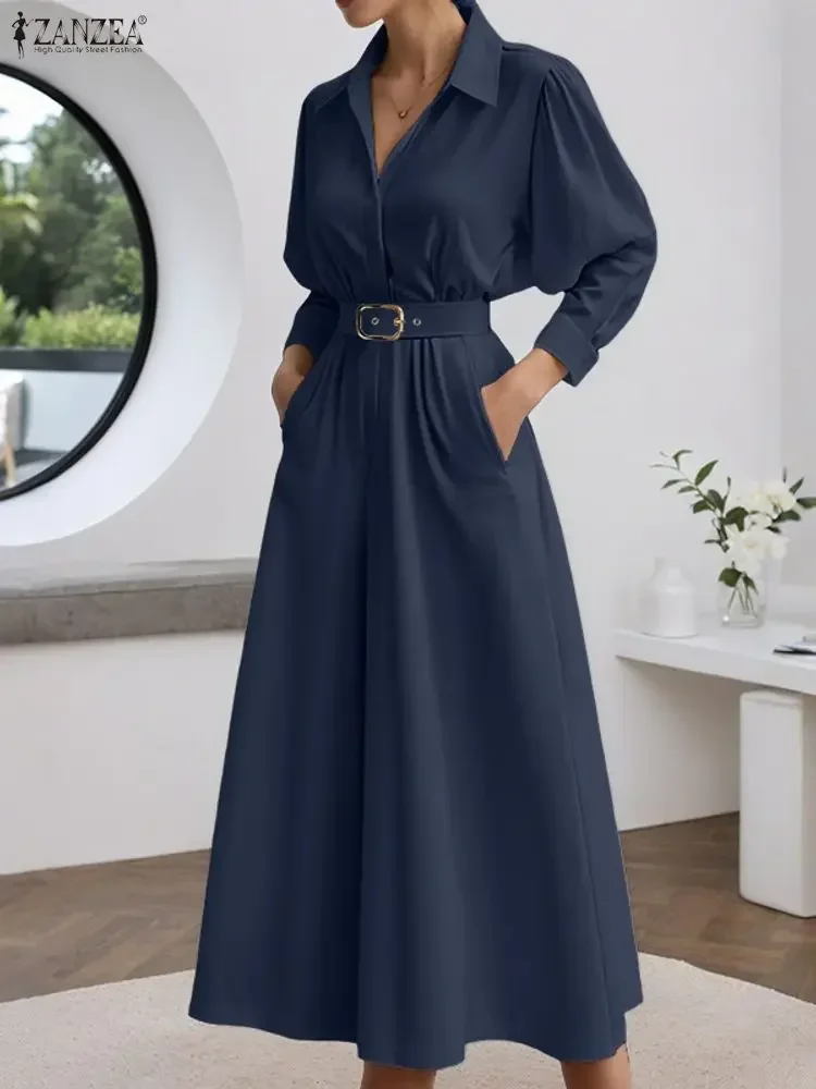 

2025 ZANZEA Elegant Women Long Jumpsuits Long Sleeve Lapel Casual Rompers Fashion Belted Wide Leg Pants Pockets Office Playsuits