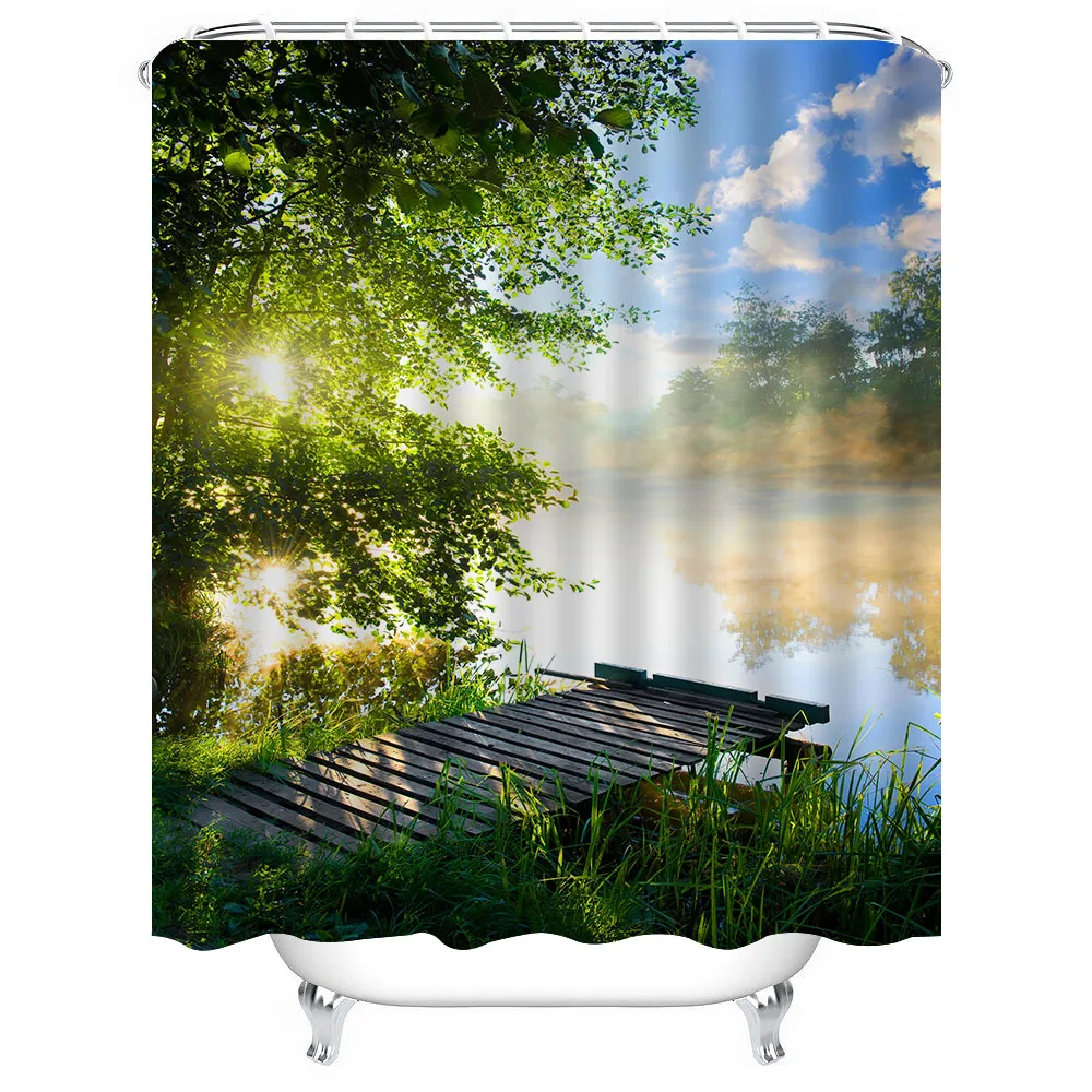 1pc Lake Sunshine Shower Curtain Bathroom Partition Decorative Curtain Machine Washable Green Plant Print Window Privacy Curtain