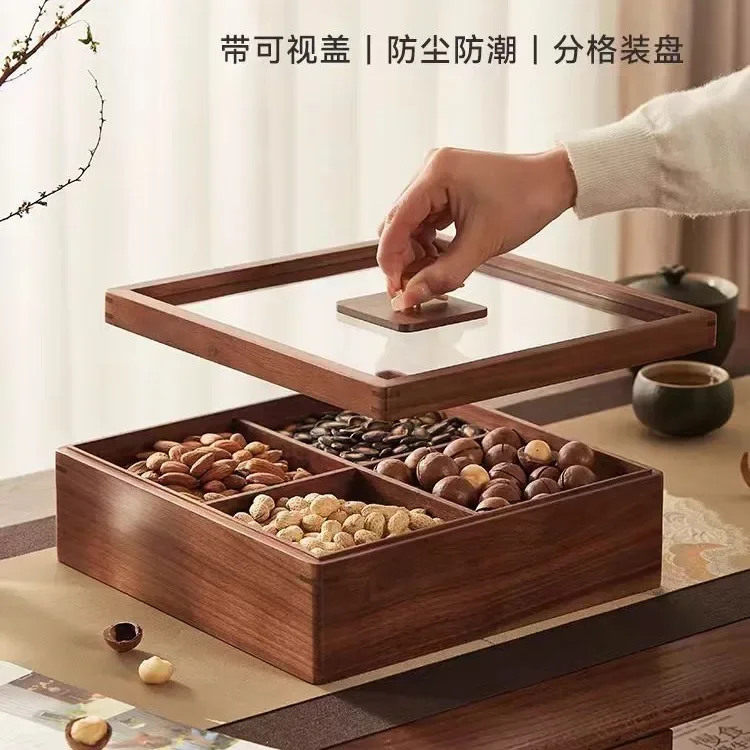 Walnut solid wood can be stacked with a lid, dried fruit storage box, Chinese snack melon seed fruit plate, living room tea set