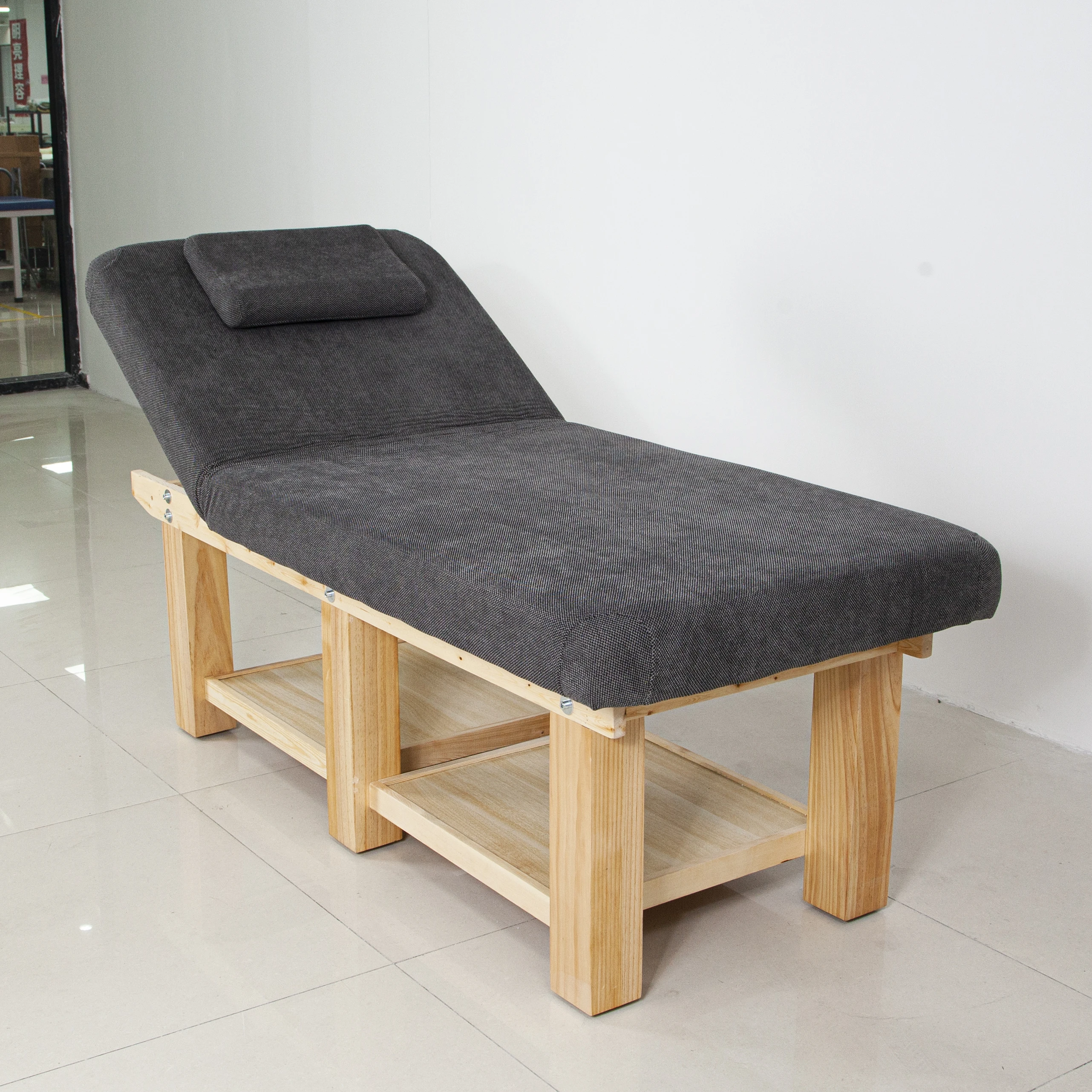 Wooden Massage Bed, Pine Wood 12cm Thick Sponge Facial Bed, 10cm Leg Diameter Adjustable Beauty Couch Spa Massage Table