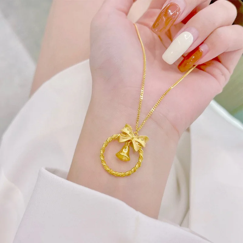 AU9999 Real Gold Bell Bow Necklace Womens Fashionable Temperament 24K Pure Gold Clavicle Chain Valentines Day Gift