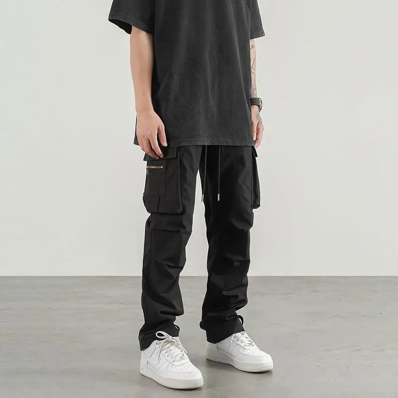 

Весенне-осенняя эластичная однотонная мужская одежда с высокой талией и карманами на молнии, брюки-карго в консервативном стиле, брюки на шнурке