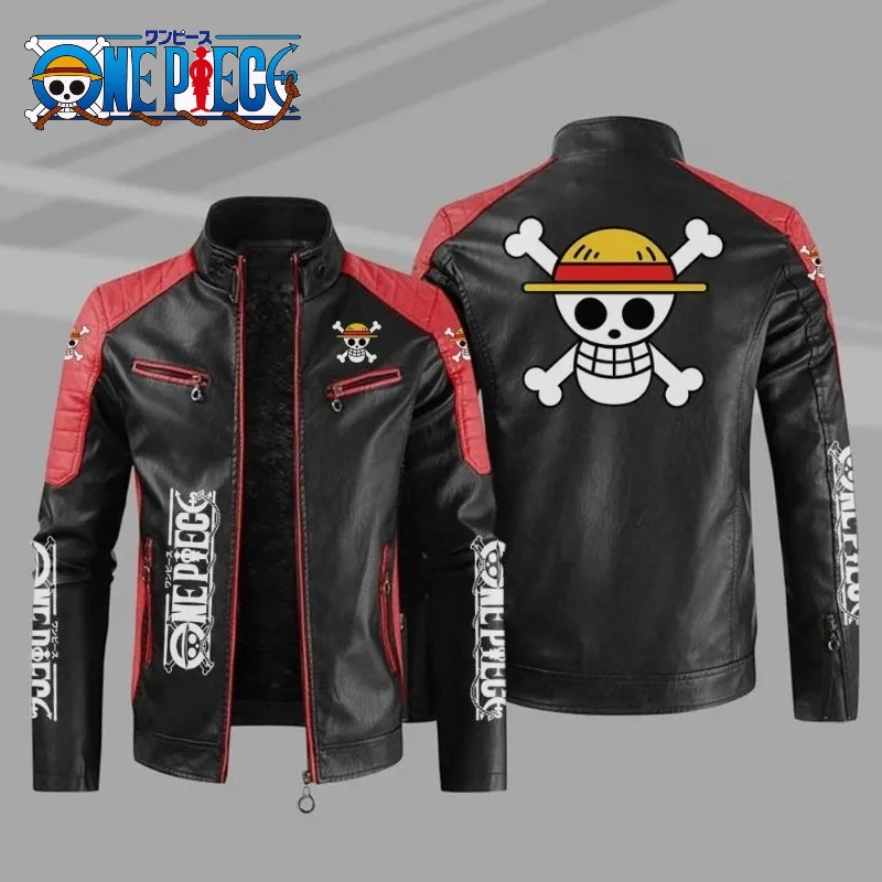 

Men's PU Leather Winter One Piece Luffy Skull Logo Fashion Motorcycle Zipper Long Sleeve Jacket Outwear Keep Warm Coat Jacket