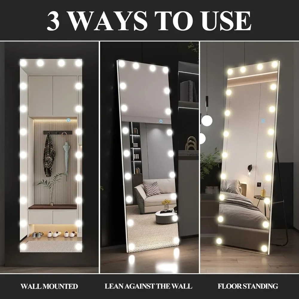 63"x20" Full Length Mirror with Lights, Wall Mounted Dressing Touch Control Mirror for Bedroom Living Room, Free Standing Mirror