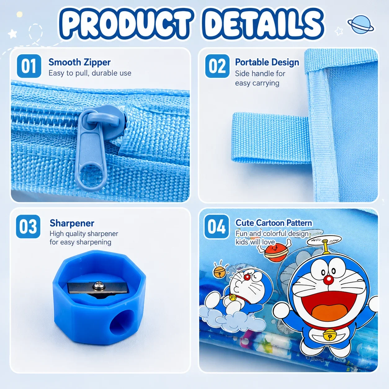 Cute Blue Cartoon Cat Kids Stationery Set Pencils Ruler Sharpener Pen Bag Eraser Back‑To‑School Student Birthday Gift view 5