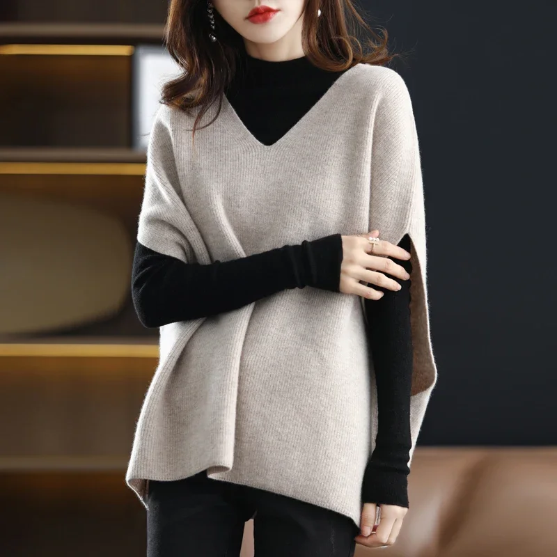 Autumn And Winter New 100% Pure Wool Vest V-Neck Bat Sleeve Thickened Wool Knit Everything Sleeveless Loose Vest