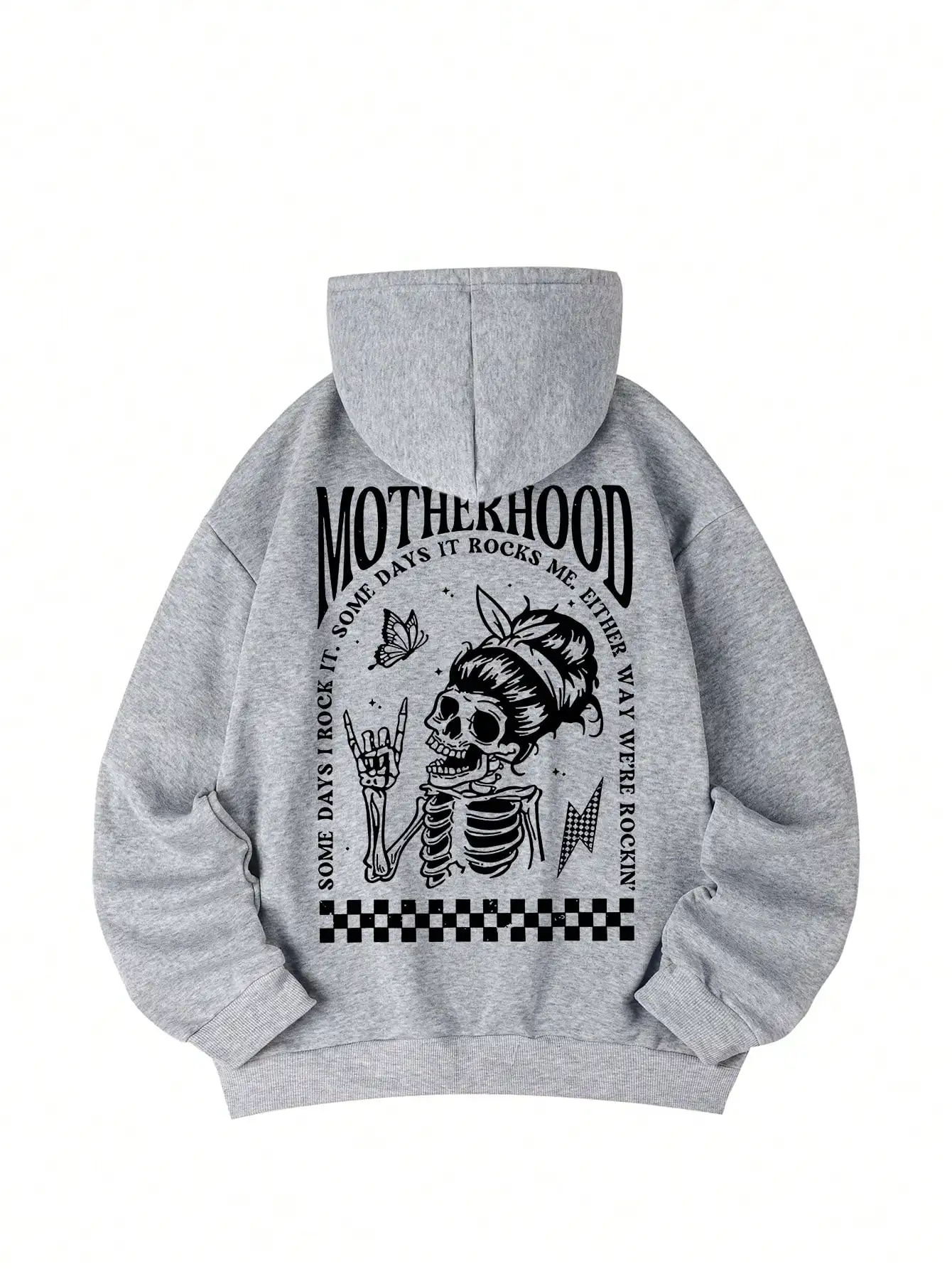 Women's Rock Skull Graphic Hoodie with Bow & Checkered Pattern, Loose Fit Winter Sweatshirt