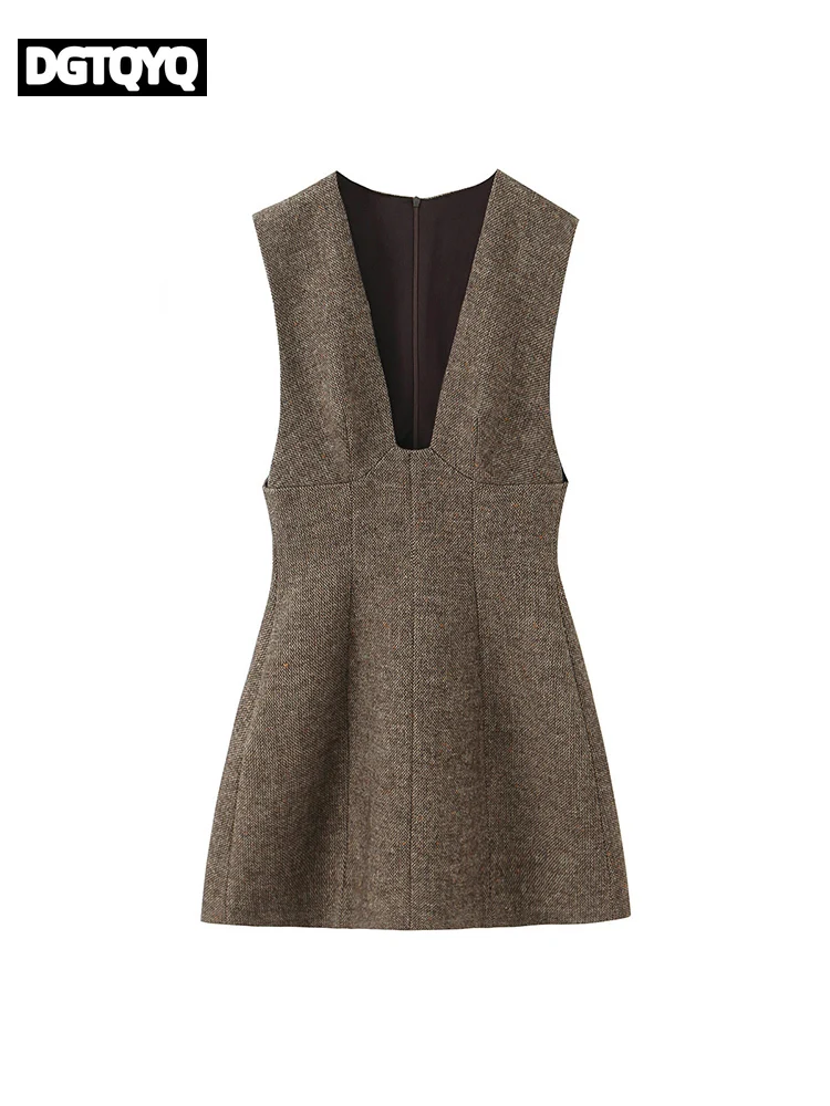 Women's Sleeveless Dress Autumn Winter 2026 New Style Elegant Deep V-Neck Thick Mini Dress Sexy Fashionable Ladies Clothes