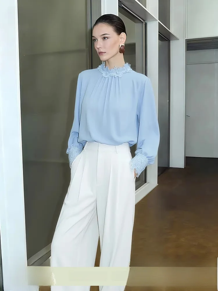 

Ele Commuter Sle Lace Trim Splicing Chiffon Top Women Loose Drifting Spring New Arrival Simple Polyester Fiber Long Sle...