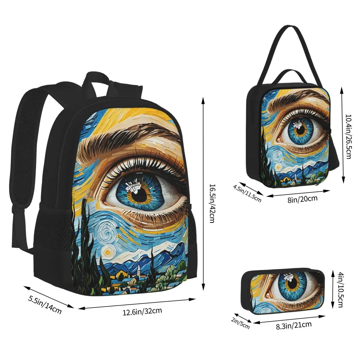 The Starry Night By Vincent Van Gogh Backpacks Students Bookbag School Bags Children Rucksack Lunch Bag Pen Bag Three-Piece Set