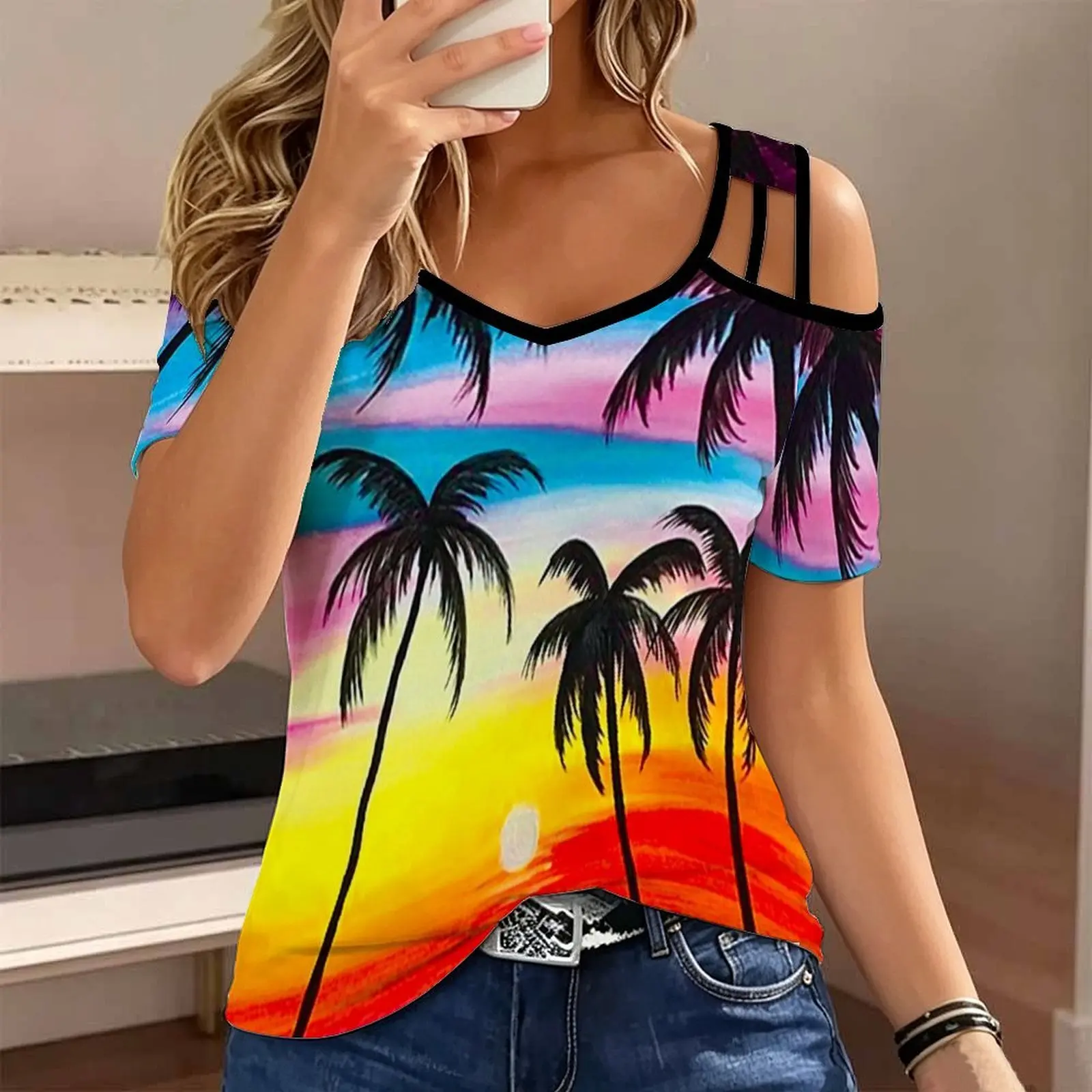 Plus Size Summer Ladies  Slim  Print Cold Shoulder V Neck T-shirt  Fashion Casual Women’s Top Commuting Vacation Beach Outfits